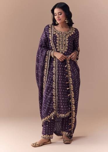 Purple Embellished Silk Bandhani Print Kurta Set