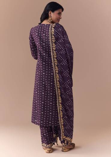 Purple Embellished Silk Bandhani Print Kurta Set