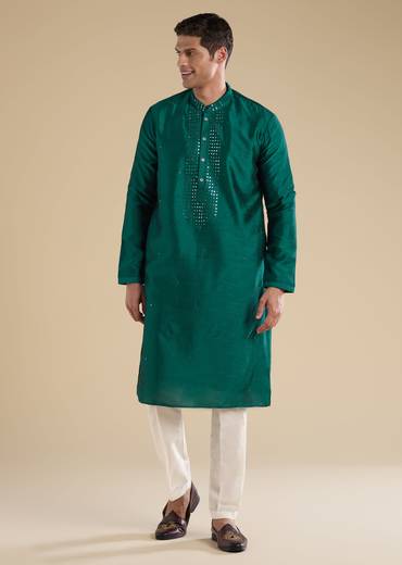 Emerald Heritage Match – Zardosi Threadwork Kurta Palazzo Set For Her And Green Embellished Kurta Set For Him