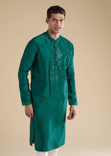 Emerald Heritage Match – Zardosi Threadwork Kurta Palazzo Set For Her And Green Embellished Kurta Set For Him