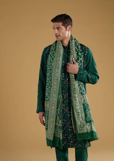 Regal Wedding Couple Set – Green Angarkha Anarkali for Her And Green Silk Thread Work Kurta Set with Dupatta for Him