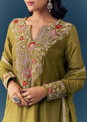 Green Silk Zardozi Work Kurta Palazzo Set