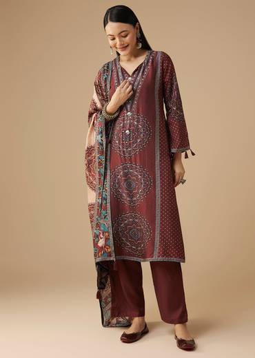 Maroon Silk Celebration Duo – Printed Silk Kurta Pant Set For Her And Maroon Casual Kurta Set For Him
