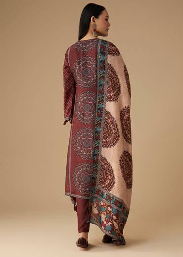 Maroon Silk Celebration Duo – Printed Silk Kurta Pant Set For Her And Maroon Casual Kurta Set For Him