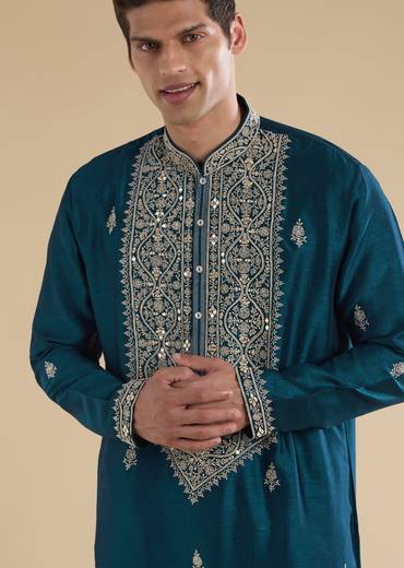 Teal Blue Twinning Statement – Pakistani Style Palazzo Suit For Her And Teal Mirror Detail Kurta Set For Him