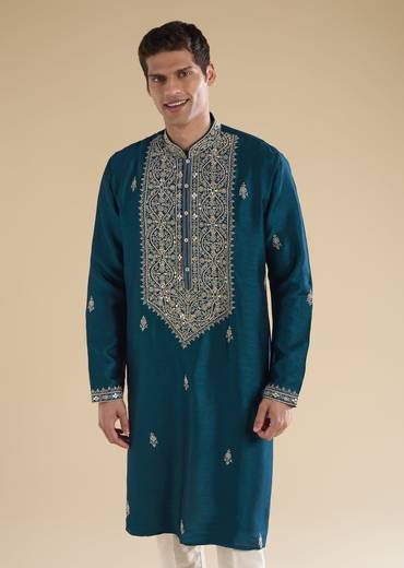 Teal Blue Twinning Statement – Pakistani Style Palazzo Suit For Her And Teal Mirror Detail Kurta Set For Him