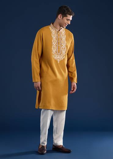 Bright Yellow Festive Duo – Mirror Work Sharara Set For Her And Mustard Viscose Kurta Set For Him