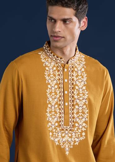 Bright Yellow Festive Duo – Mirror Work Sharara Set For Her And Mustard Viscose Kurta Set For Him