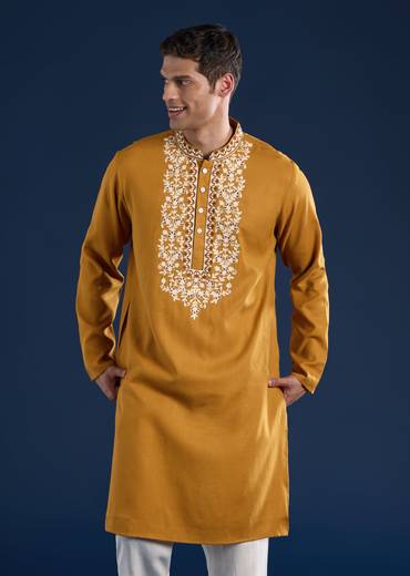 Bright Yellow Festive Duo – Mirror Work Sharara Set For Her And Mustard Viscose Kurta Set For Him