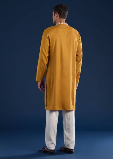 Bright Yellow Festive Duo – Mirror Work Sharara Set For Her And Mustard Viscose Kurta Set For Him
