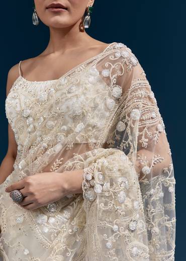 Elegant Wedding Couple Set – White Floral Heavy Embroidered Net Saree For Her And Off-White Embroidered Silk Kurta Jacket Set For Him