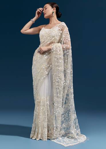 Elegant Wedding Couple Set – White Floral Heavy Embroidered Net Saree For Her And Off-White Embroidered Silk Kurta Jacket Set For Him