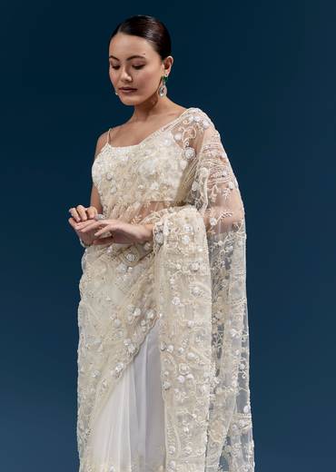 Elegant Wedding Couple Set – White Floral Heavy Embroidered Net Saree For Her And Off-White Embroidered Silk Kurta Jacket Set For Him