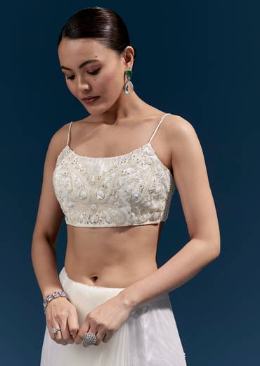Elegant Wedding Couple Set – White Floral Heavy Embroidered Net Saree For Her And Off-White Embroidered Silk Kurta Jacket Set For Him