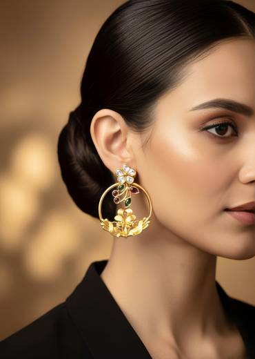 Gold Toned Earrings In Hoop Style With Kundan And Multi Stone Detailing