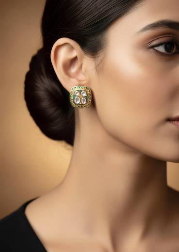 Gold Finish Square Stud Earrings With Blue Enamel Ornate Border And Kundan Set White Stones