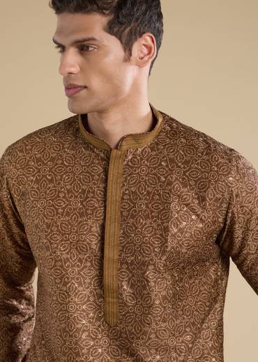 Rustic Brown Festive Pair – Jacquard Kurta Sharara Set For Her And Brown Casual Kurta Set For Him