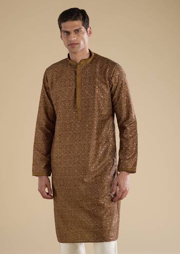 Rustic Brown Festive Pair – Jacquard Kurta Sharara Set For Her And Brown Casual Kurta Set For Him