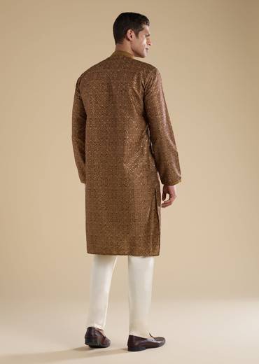 Rustic Brown Festive Pair – Jacquard Kurta Sharara Set For Her And Brown Casual Kurta Set For Him