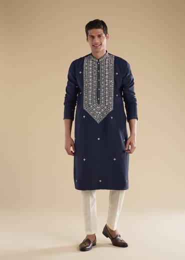 Classic Navy Evening Couple Set – Navy Blue Chinon Sharara Suit with Cutdana and Sequin Embroidery for Her And Navy Blue Classic Kurta Set for Him