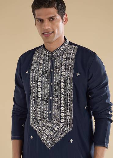 Classic Navy Evening Couple Set – Navy Blue Chinon Sharara Suit with Cutdana and Sequin Embroidery for Her And Navy Blue Classic Kurta Set for Him