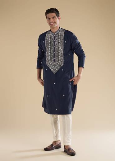 Classic Navy Evening Couple Set – Navy Blue Chinon Sharara Suit with Cutdana and Sequin Embroidery for Her And Navy Blue Classic Kurta Set for Him