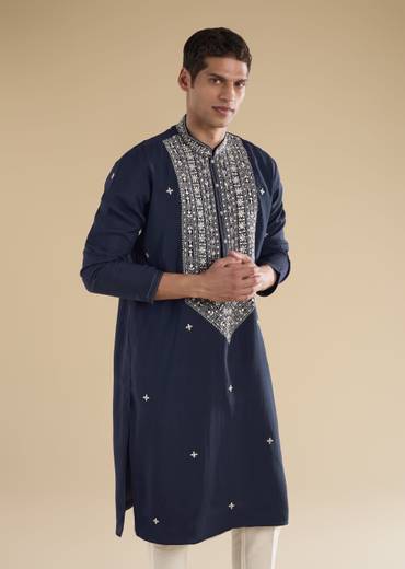 Classic Navy Evening Couple Set – Navy Blue Chinon Sharara Suit with Cutdana and Sequin Embroidery for Her And Navy Blue Classic Kurta Set for Him