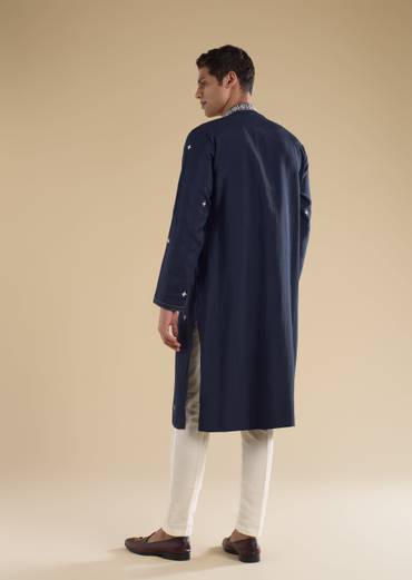 Classic Navy Evening Couple Set – Navy Blue Chinon Sharara Suit with Cutdana and Sequin Embroidery for Her And Navy Blue Classic Kurta Set for Him
