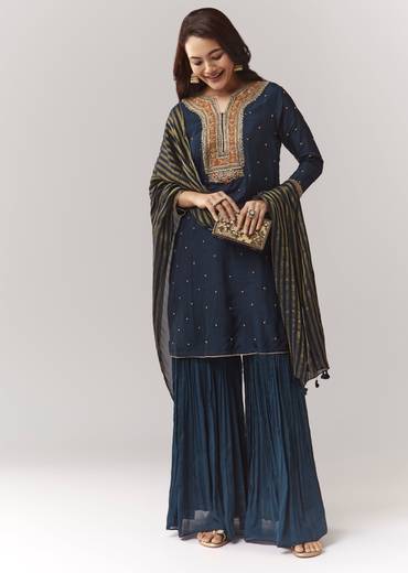 Midnight Zardosi Statement Couple Set – Navy Zardosi Kurta Sharara Set with Organza Dupatta for Her And Green Embellished Jacket Kurta Set for Him