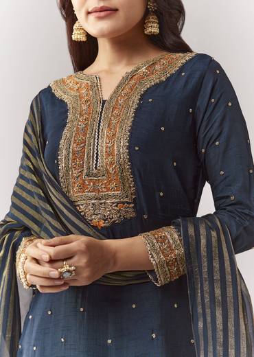 Midnight Zardosi Statement Couple Set – Navy Zardosi Kurta Sharara Set with Organza Dupatta for Her And Green Embellished Jacket Kurta Set for Him