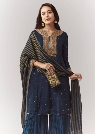Midnight Zardosi Statement Couple Set – Navy Zardosi Kurta Sharara Set with Organza Dupatta for Her And Green Embellished Jacket Kurta Set for Him