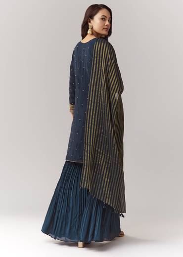 Midnight Zardosi Statement Couple Set – Navy Zardosi Kurta Sharara Set with Organza Dupatta for Her And Green Embellished Jacket Kurta Set for Him