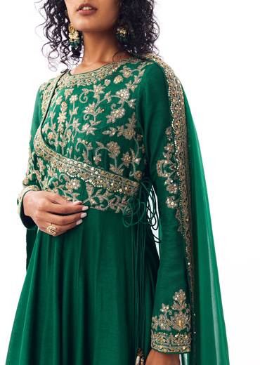 Regal Wedding Couple Set – Green Angarkha Anarkali for Her And Green Silk Thread Work Kurta Set with Dupatta for Him