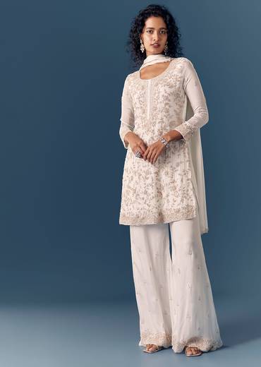 Classic White Twin Style – Cut Dana Kurta Palazzo Set For Her And White Linen Embroidered Kurta Set For Him
