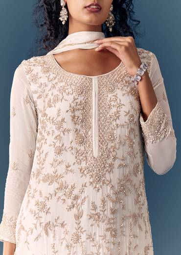 Classic White Twin Style – Cut Dana Kurta Palazzo Set For Her And White Linen Embroidered Kurta Set For Him