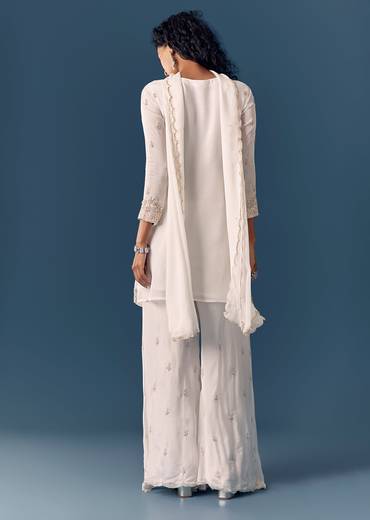 Classic White Twin Style – Cut Dana Kurta Palazzo Set For Her And White Linen Embroidered Kurta Set For Him