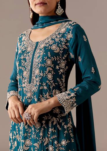 Teal Blue Twinning Statement – Pakistani Style Palazzo Suit For Her And Teal Mirror Detail Kurta Set For Him