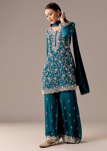 Teal Blue Twinning Statement – Pakistani Style Palazzo Suit For Her And Teal Mirror Detail Kurta Set For Him