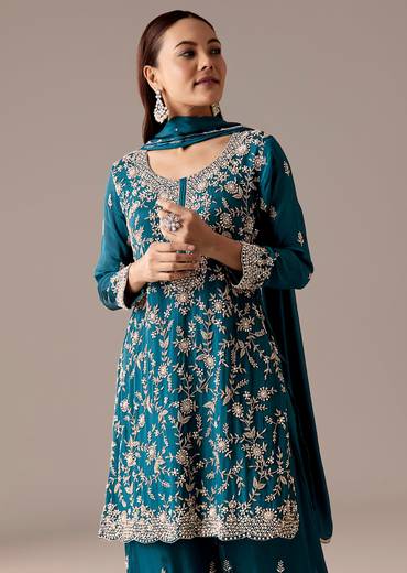Teal Blue Twinning Statement – Pakistani Style Palazzo Suit For Her And Teal Mirror Detail Kurta Set For Him