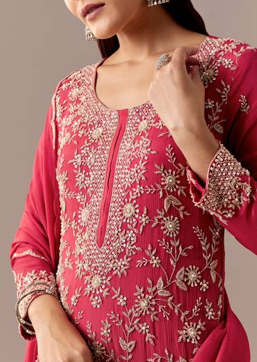 Pink Festive Coordination – Pakistani Style Palazzo Suit For Her And Pink Silk Mirror Work Kurta Set For Him