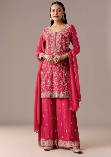 Pink Festive Coordination – Pakistani Style Palazzo Suit For Her And Pink Silk Mirror Work Kurta Set For Him