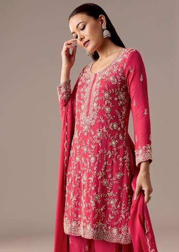 Pink Festive Coordination – Pakistani Style Palazzo Suit For Her And Pink Silk Mirror Work Kurta Set For Him