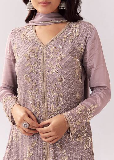 Lavender Harmony Edit – Embellished Palazzo Suit For Her And Lilac Mirror-Work Jacket Kurta Set For Him