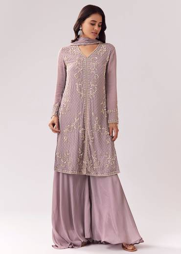 Lavender Harmony Edit – Embellished Palazzo Suit For Her And Lilac Mirror-Work Jacket Kurta Set For Him