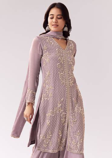 Lavender Harmony Edit – Embellished Palazzo Suit For Her And Lilac Mirror-Work Jacket Kurta Set For Him