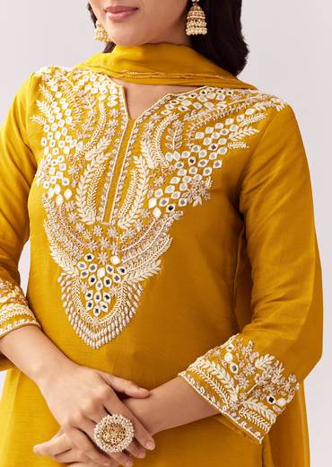 Bright Yellow Festive Duo – Mirror Work Sharara Set For Her And Mustard Viscose Kurta Set For Him