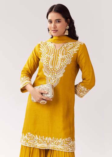 Bright Yellow Festive Duo – Mirror Work Sharara Set For Her And Mustard Viscose Kurta Set For Him