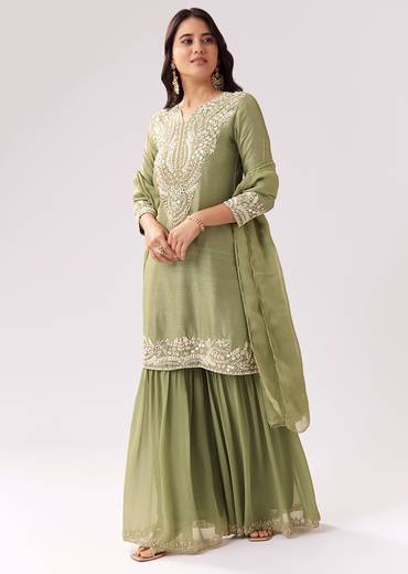 Pista Green Eid Pairing – Mirror Work Sharara Set For Her And Olive Silk Embellished Kurta Set For Him