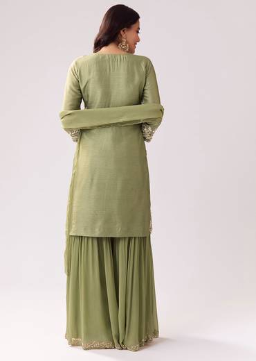 Pista Green Eid Pairing – Mirror Work Sharara Set For Her And Olive Silk Embellished Kurta Set For Him