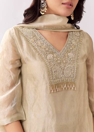 Ivory Beige Regal Combination – Sequin Palazzo Suit For Her And Off-White Threadwork Jodhpuri Set For Him